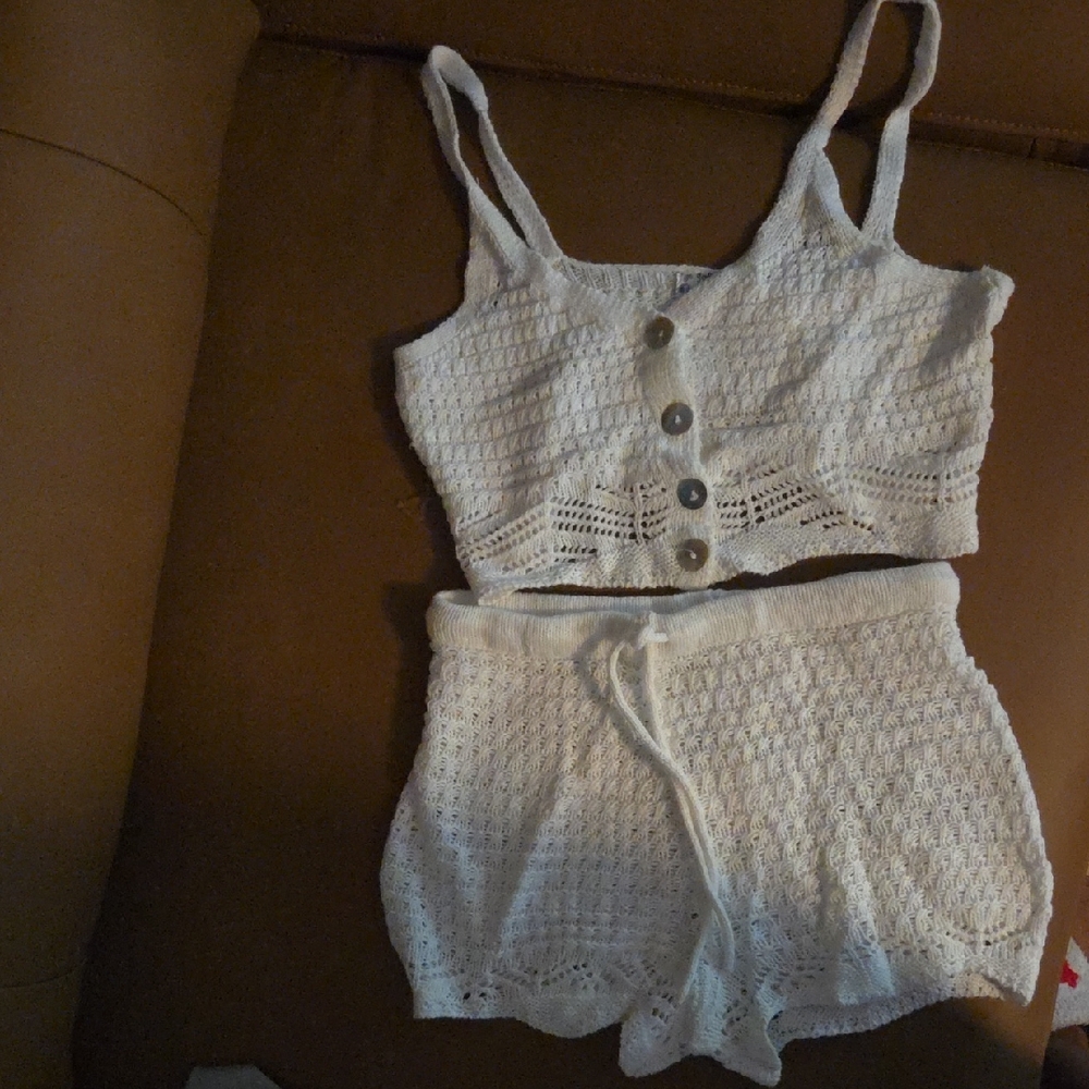 White Textured Pajama Set with Adjustable Straps